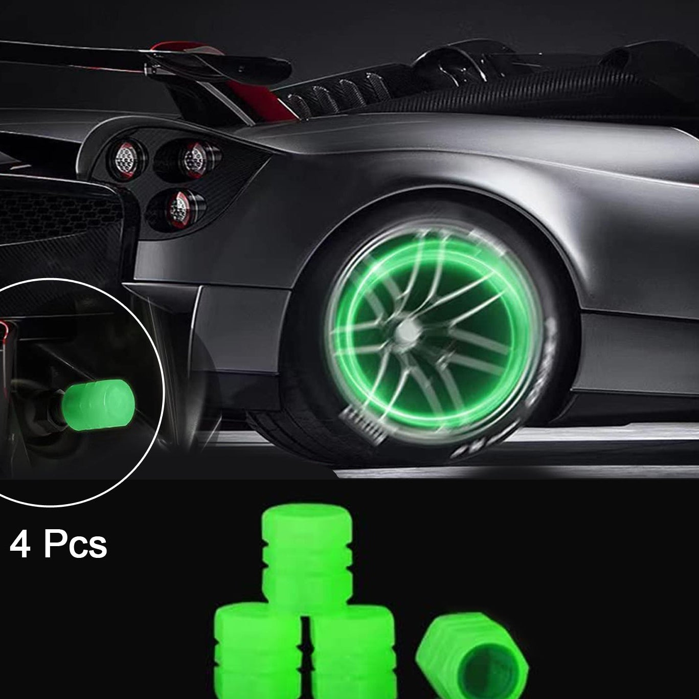 Tyre Valve Caps Luminous Glow Car Tire Air Stem Valve Cap Covers ( 4 Pcs )
